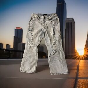 Edgely‎ Jeans Women's 14 Blue Stone Wash High Rise Distressed Mom Jeans Wide Leg